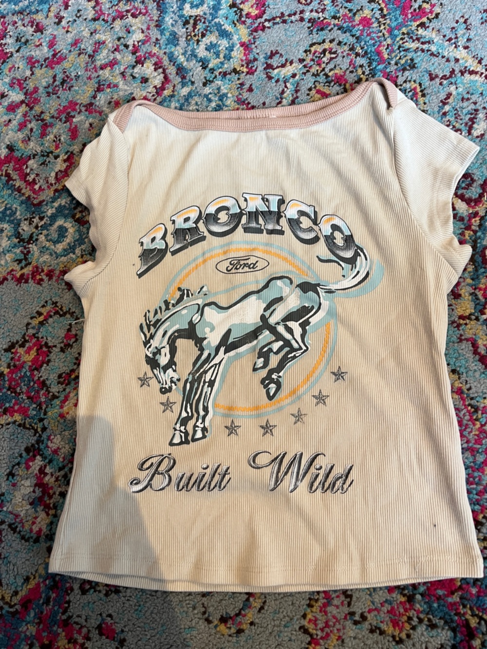 Ford Branded Ribbed Tee in Cream with Light Pink Trim